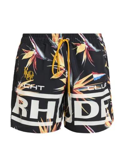 Rhude Men's Regatta Club Hawaiian-print Swim Shorts In White
