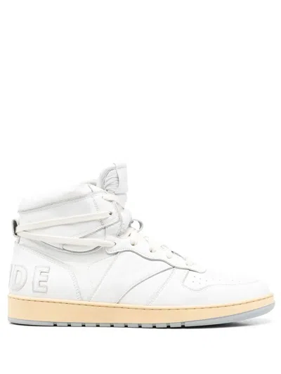 Rhude Rhecess Distressed Leather High-top Sneakers In White