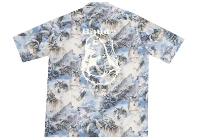 Pre-owned Rhude Men's  Wolves Short Sleeve Button Up In Wolves Print Shirt In Blue