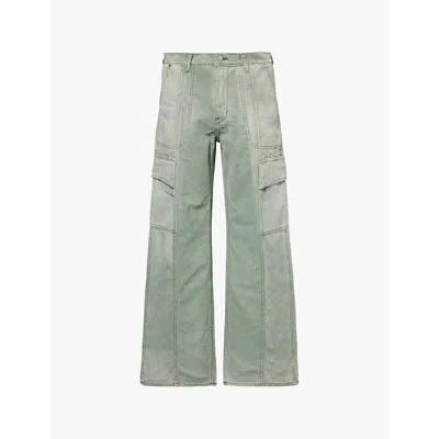 Rhude Mens Sage Green Flap-pocket Wide-leg Cotton-canvas Trousers