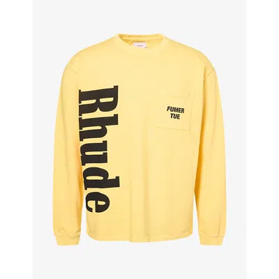 Rhude Mens Logo-print Patch-pocket Cotton T-shirt Washed Yellow