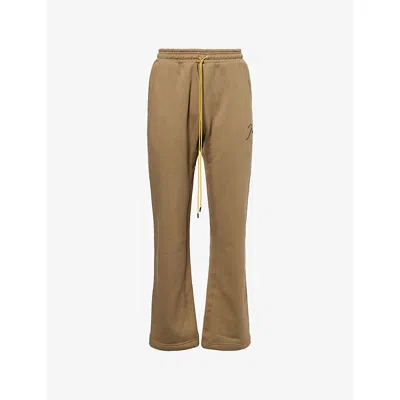 Rhude Mens Moss Green Logo-embroidered Straight-leg Cotton Jogging Bottoms In Brown