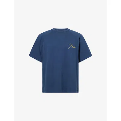 Rhude Mens Navy Embroidered Raglan-sleeves Cotton-jersey T-shirt In Blue