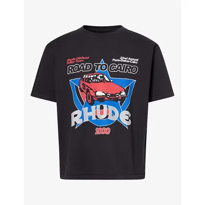 Rhude Mens Road To Cairo Printed Cotton T-shirt Vintage Black
