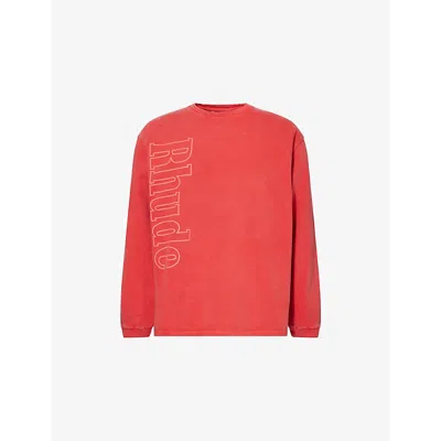 Rhude Mens Logo-print Long-sleeve Cotton T-shirt Vintage Red