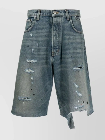 Rhude Mid-rise Distressed Denim Shorts With Paint Splatter In Blue