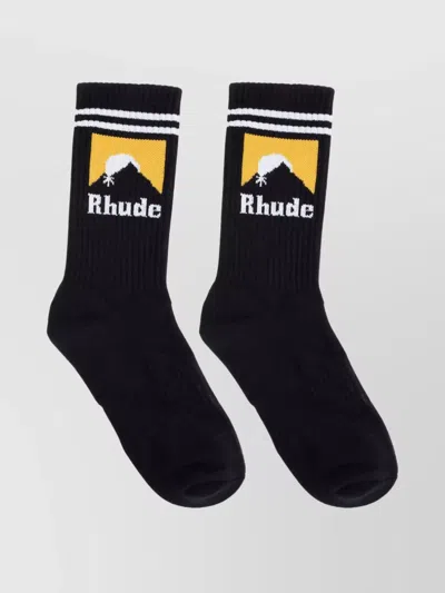 Rhude Midnight Striped Ankle Socks In Black/white/yellow