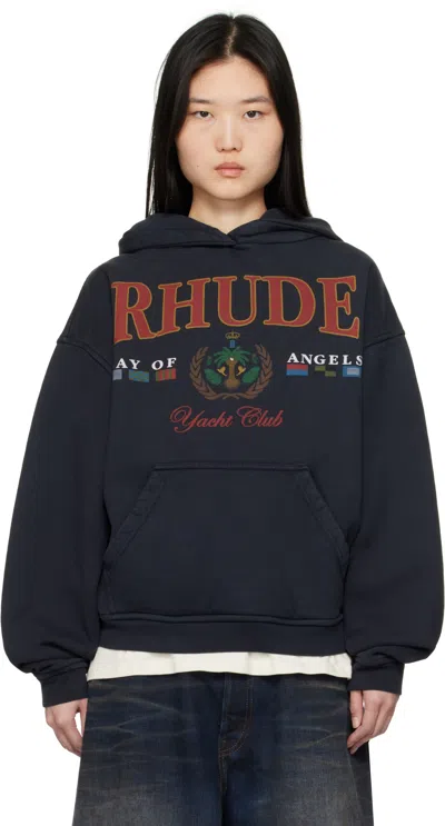 Rhude Navy 'bay Of Angels Yacht Club' Hoodie In 2306 Vtg Black