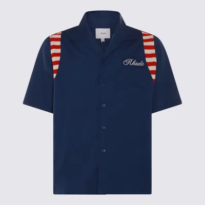 RHUDE RHUDE NAVY BLUE, CREAM AND RED COTTON SHIRT