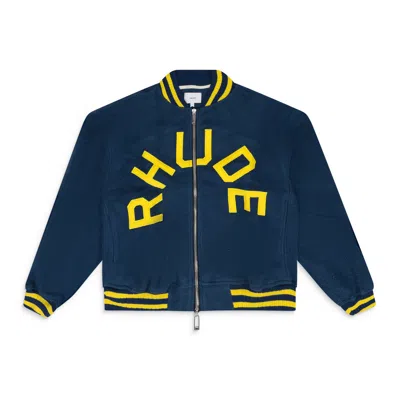 Rhude Navy Oversized Logo Terry Varsity Jacket In Blue