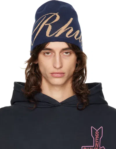 Rhude Navy Script Beanie In Navy/tan