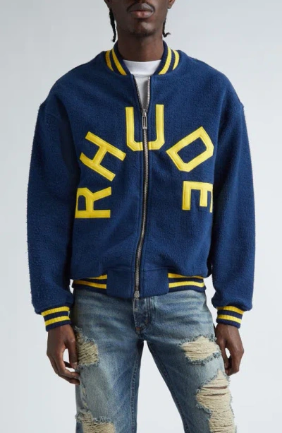 Rhude Oversize Logo Cotton Terry Varsity Jacket In Navy/ Yellow