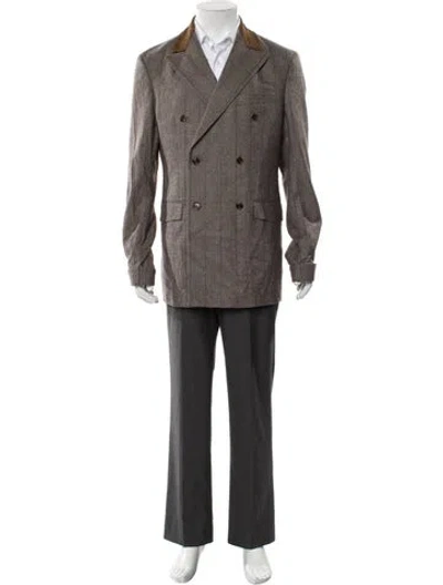 Pre-owned Rhude Plaid Print Leather Trim Embellishment Blazer In Brown