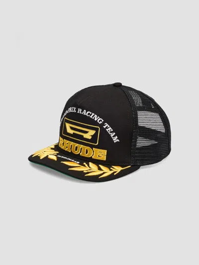 Rhude Racing Panel Trucker Hat In Black Yellow