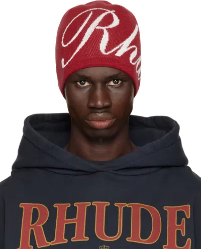 RHUDE RED 'RHUDE' SCRIPT KNIT BEANIE