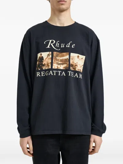 Rhude Ribbed Collar Long Sleeve Tee With Printed Front And Back Panel In Multi
