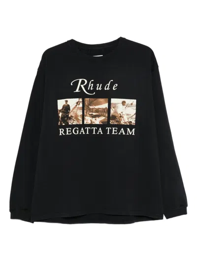 Rhude Ribbed Collar Long Sleeve Tee With Printed Front And Back Panel In Multi