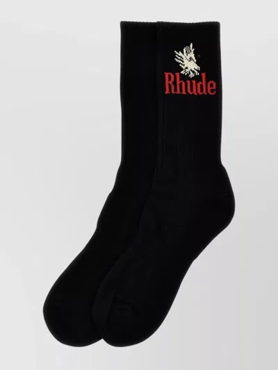 Rhude 'ribbed Mid-calf Socks Featuring Eagle Motif' In Black