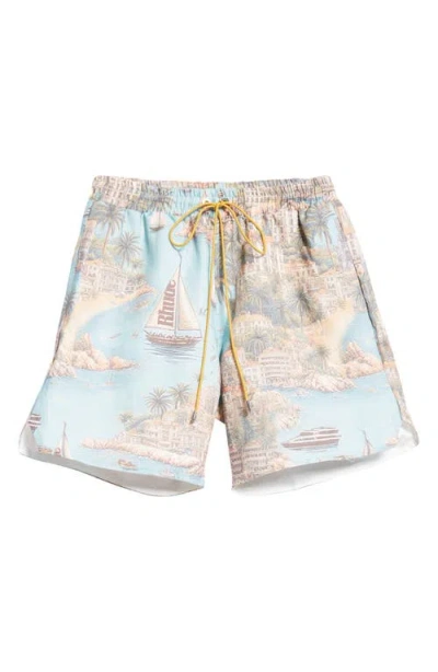 Rhude Sailing Map Linen Swim Trunks In Multi Blue