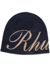 Rhude Script Knitted Beanie In Blue