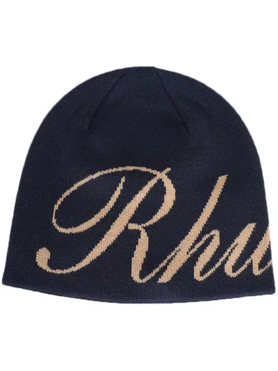 Rhude Script Knitted Beanie In Blue