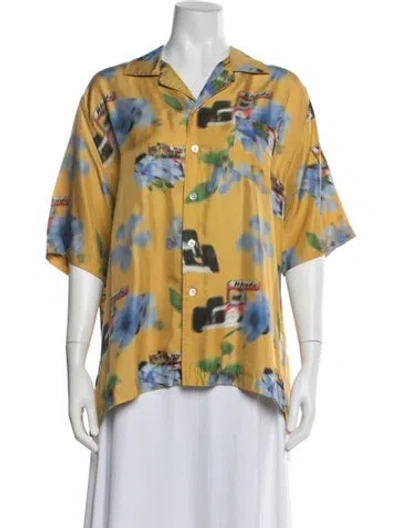 Pre-owned Rhude Silk Graphic Print Button-up Top In Yellow