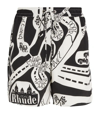 Rhude Silk Strada Print Shorts In Black White