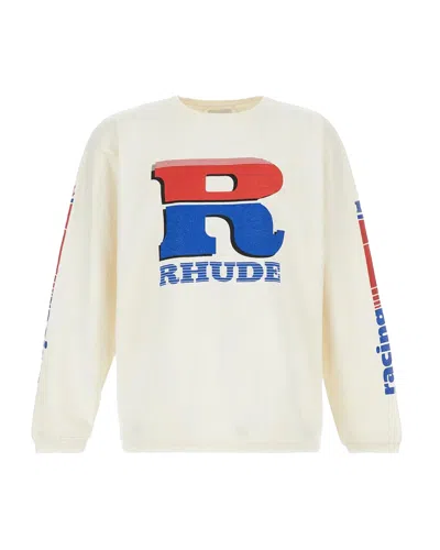 Rhude Split-color Logo Long Sleeve T-shirt In White