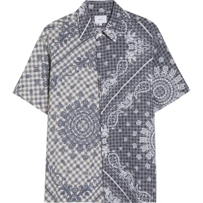 Rhude Split Gingham & Bandana Print Short Sleeve Button-up Shirt In Gray