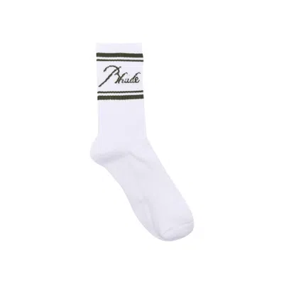 Pre-owned Rhude Striped Script Logo Sock 'white/olive' | Men's Size Onesize