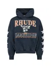Rhude Black Cotton Jersey Hoodie With Multicolor Logo In Blue
