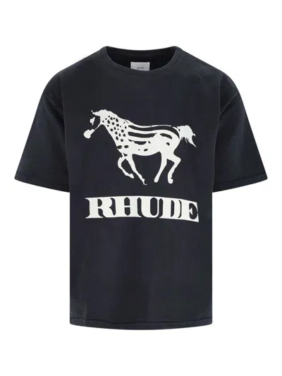 Rhude Crew Neck Short Sleeve Graphic Print T-shirt In Black