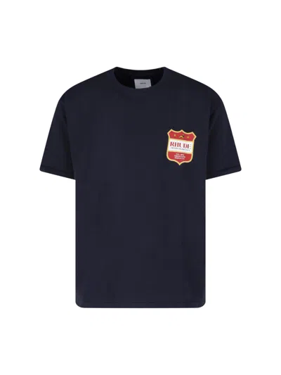 Rhude Black Cotton Logo T-shirt In Blue