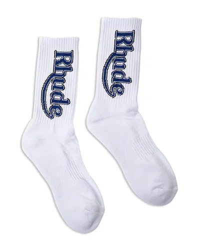 Rhude Vertical Race Track Crew Socks In White/blue