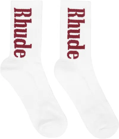 Rhude White Rh Vertical Logo Socks In 0500 White/ Maroon