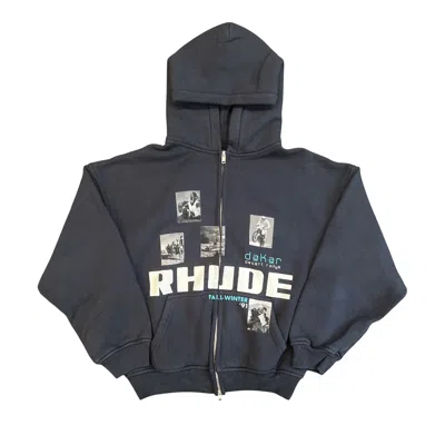 Pre-owned Rhude Winter 91 Rallye Zip-up Hoodie 'vintage Black/white/blue' | Men's Size Xxl