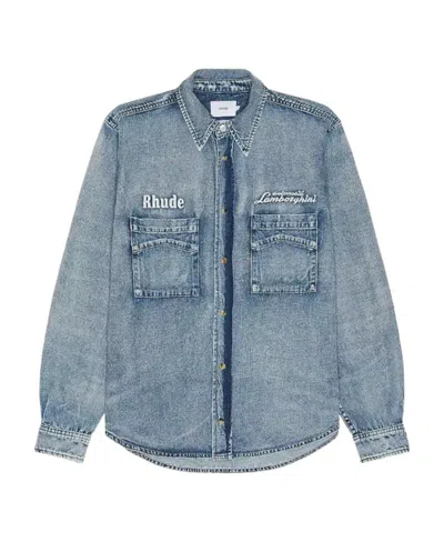 Rhude X Automobili Lamborghini Long-sleeved Denim Shirt In Gray