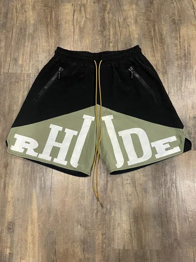 Pre-owned Rhude Yachting Shorts Logo Black Green Cupro In Black/green