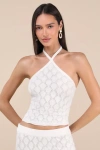 Rhythm Daisy Ivory Pointelle Knit Halter Crop Top In White