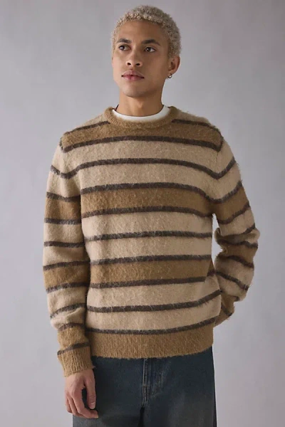 Rhythm Fuzzy Stripe Crew Neck Sweater In Brown, Men's At Urban Outfitters