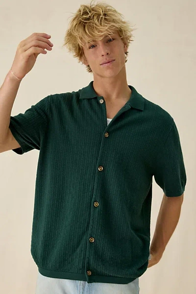 Rhythm Textured Knit Button-down Short Sleeve Polo Sweater In Green, Men's At Urban Outfitters