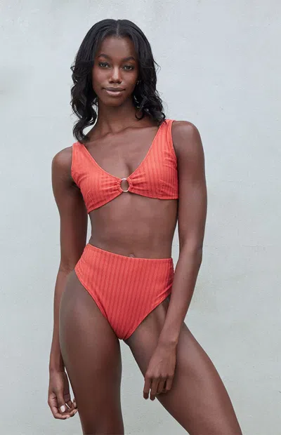 Rhythm Women's Pacific Ribbed High Waisted Bikini Bottom In Orange In Pink