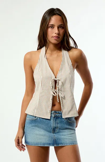 Rhythm Women's Striped Louise Tie Front Halter Top In Tan In Neutral