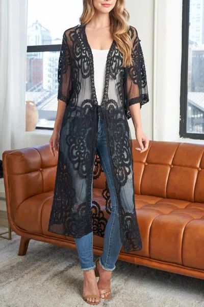 Riah Fashion Flower Lace Embroidery Open Front Summer Bohemian Kimono In Black