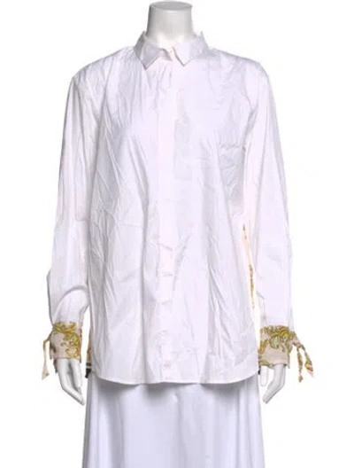 Pre-owned Riani Printed Long Sleeve Button-up Top In White