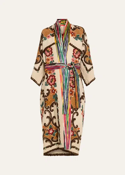 Rianna + Nina Floral Embroidered Self-tie Kimono In Gold