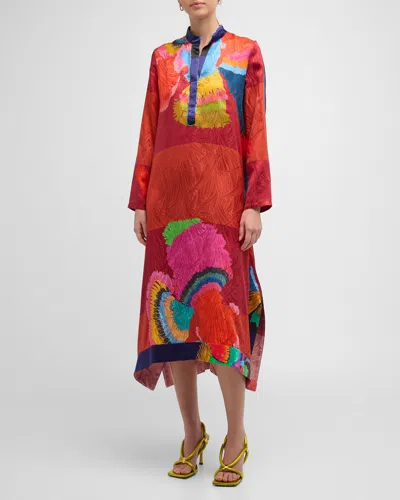 Rianna + Nina Niki Abstract High-low Silk Kaftan In Papagalos Coral