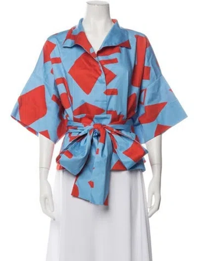 Pre-owned Rianna + Nina Printed Short Sleeve Blouse In Blue