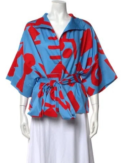 Pre-owned Rianna + Nina Printed V-neck Blouse W/ Tags In Blue