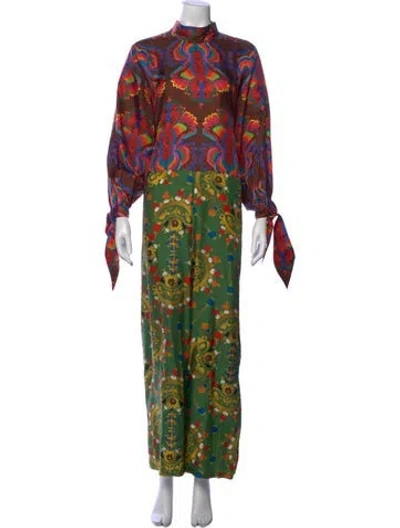 Pre-owned Rianna + Nina Silk Patterned Jumpsuit In Green